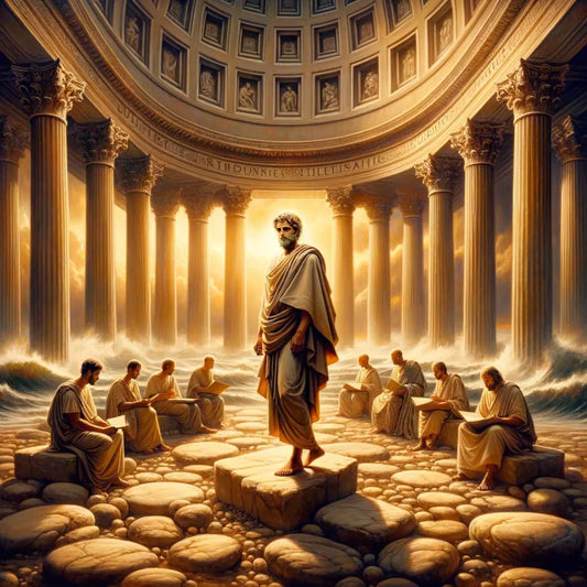 Serene philosopher in a toga stands amidst stormy backdrop, exuding Stoic calm and wisdom, like a scene from classic Roman epics.