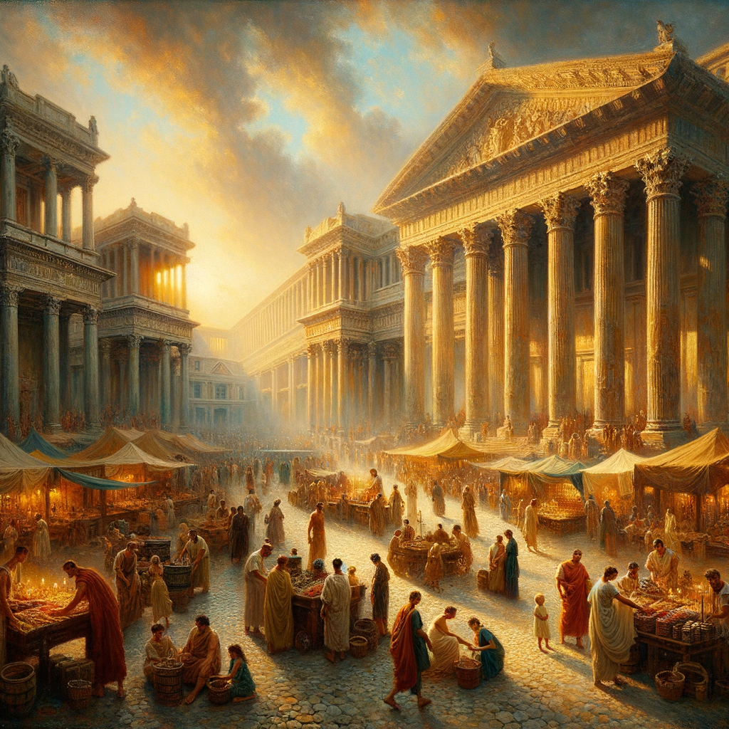 Ancient Roman marketplace bustling with merchants and shoppers, surrounded by majestic columns, inspired by 1960s historical epic film style.