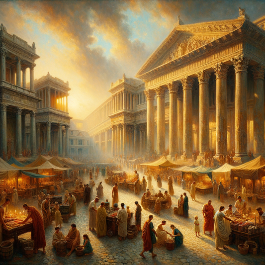 Ancient Roman marketplace bustling with merchants and shoppers, surrounded by majestic columns, inspired by 1960s historical epic film style.