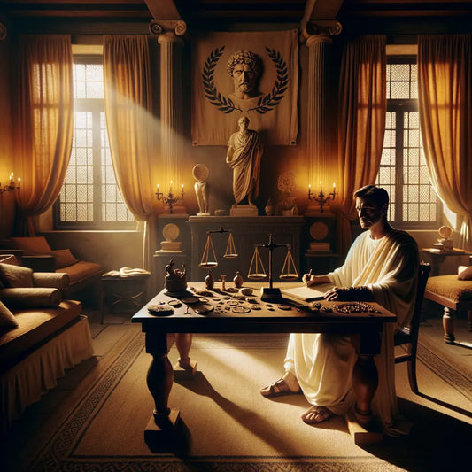 A Roman villa with a philosopher studying a jewelry collection inspired by Stoic themes, in a classic film style.