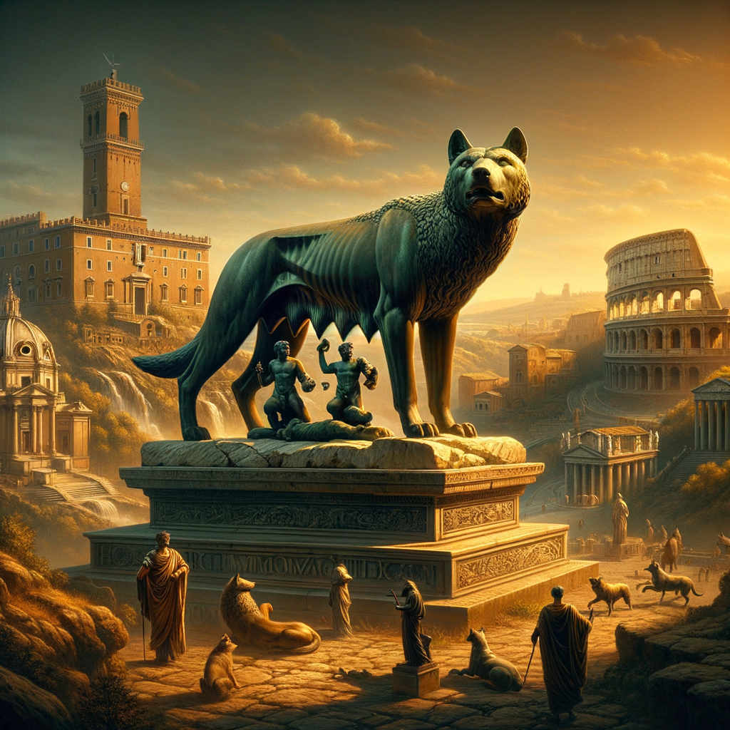 Capitoline Wolf statue with Romulus and Remus beside Roman architecture, portrayed in a classic historical film style.