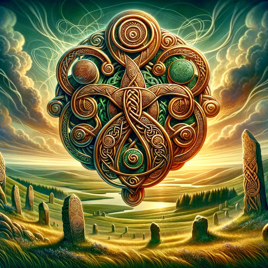 Celtic jewelry with intricate knotwork set against an ancient mystical landscape, evoking the feel of 1960s historical epic films.