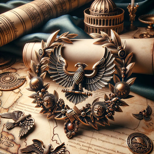 Roman-inspired jewelry piece with historical motifs and maps.