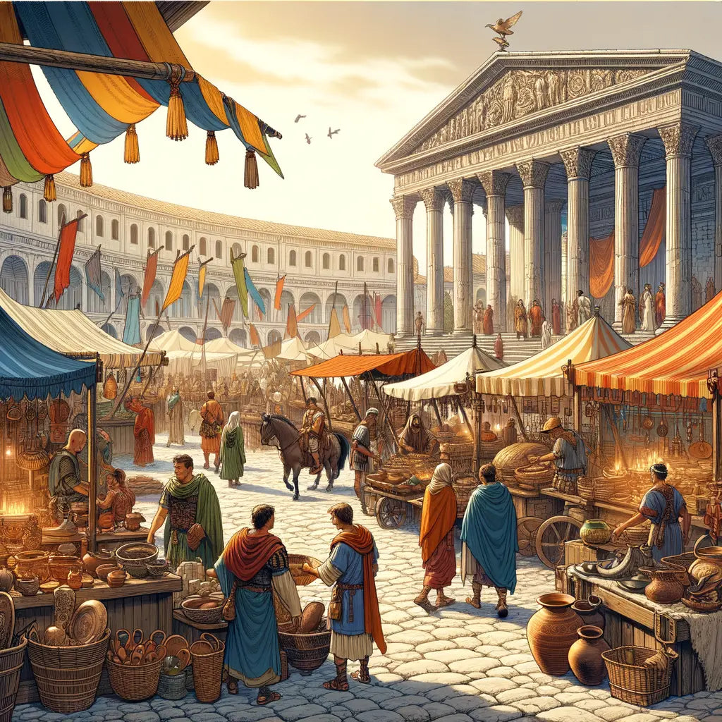 A colorful depiction of a Roman marketplace with Celtic traders engaging with Roman citizens.