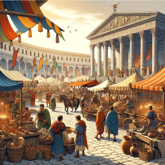A colorful depiction of a Roman marketplace with Celtic traders engaging with Roman citizens.