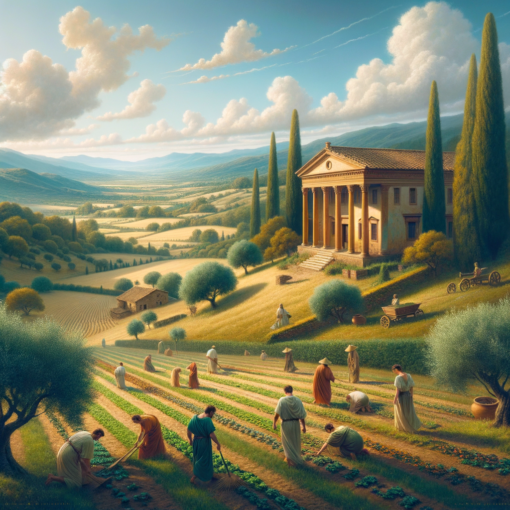 Roman peasants working in wheat fields with a classical villa in the background during early spring, blending nature and Roman ingenuity in a 1960s epic film style.
