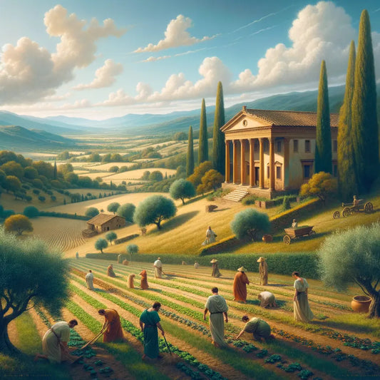 Roman peasants working in wheat fields with a classical villa in the background during early spring, blending nature and Roman ingenuity in a 1960s epic film style.