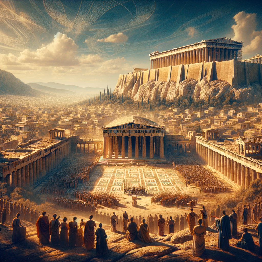 A panoramic view of ancient Athens with grand temples and columns under a blue sky, inspired by 1960s historical epics.