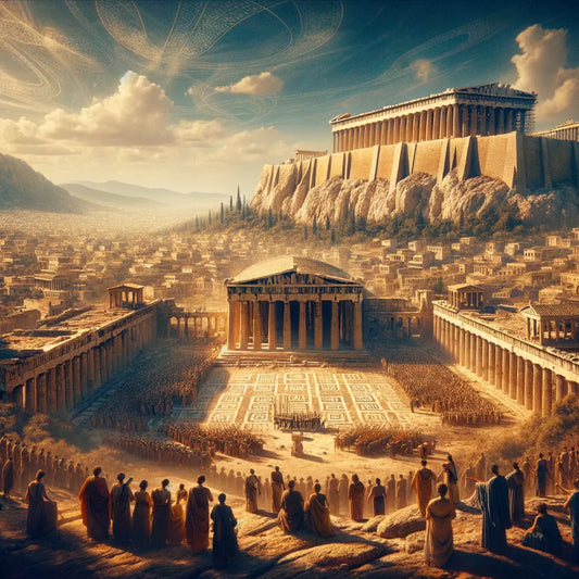 A panoramic view of ancient Athens with grand temples and columns under a blue sky, inspired by 1960s historical epics.