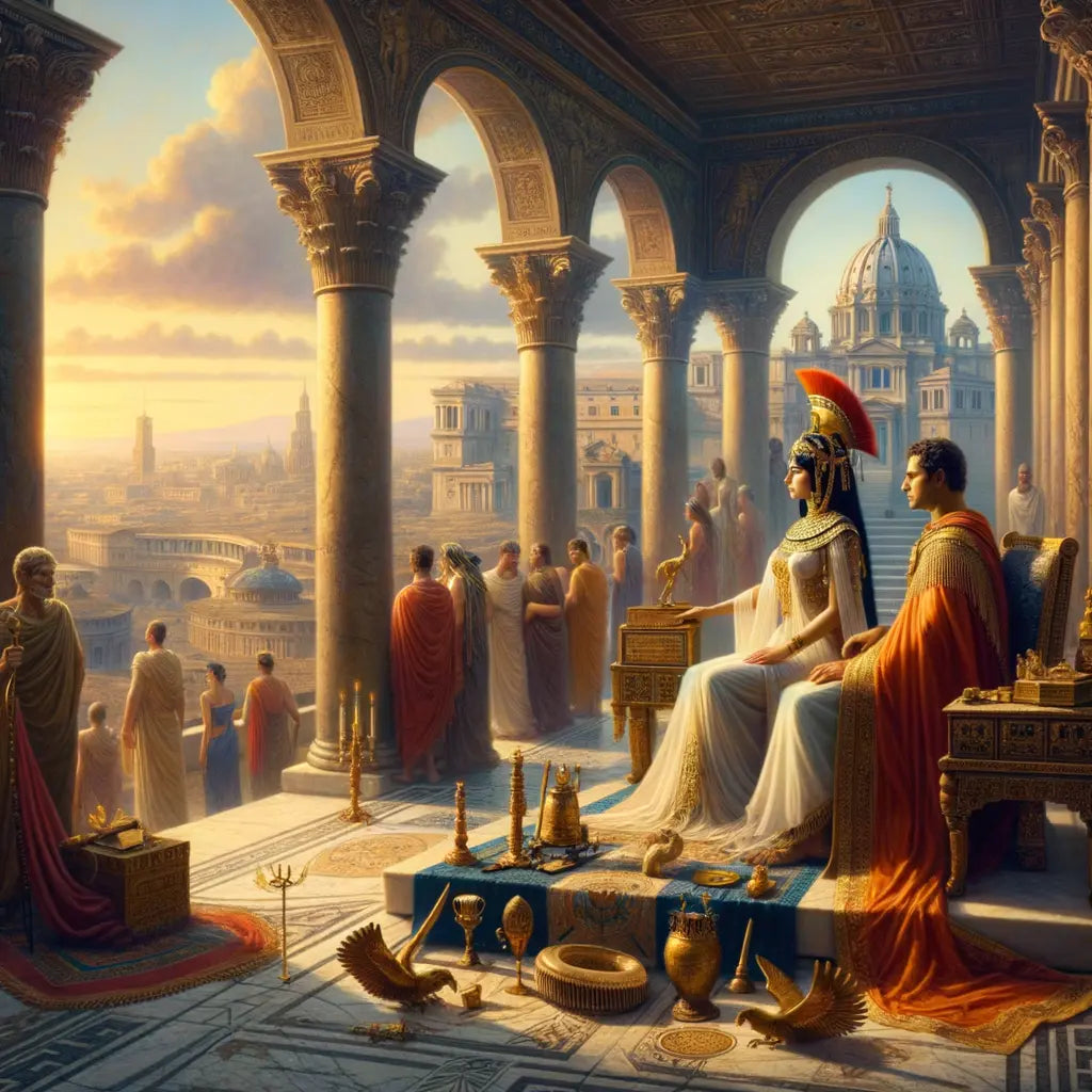 Cleopatra and Julius Caesar overlooking ancient Rome in a strategic meeting, surrounded by maps and symbols, painted in a classic 1960s epic style.