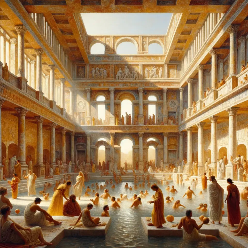 Cinematic portrayal of a bustling Roman bathhouse, showcasing elevated floors and flowing aqueduct water, in the style of 1960s film classics.