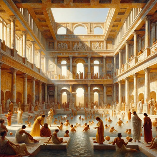 Cinematic portrayal of a bustling Roman bathhouse, showcasing elevated floors and flowing aqueduct water, in the style of 1960s film classics.