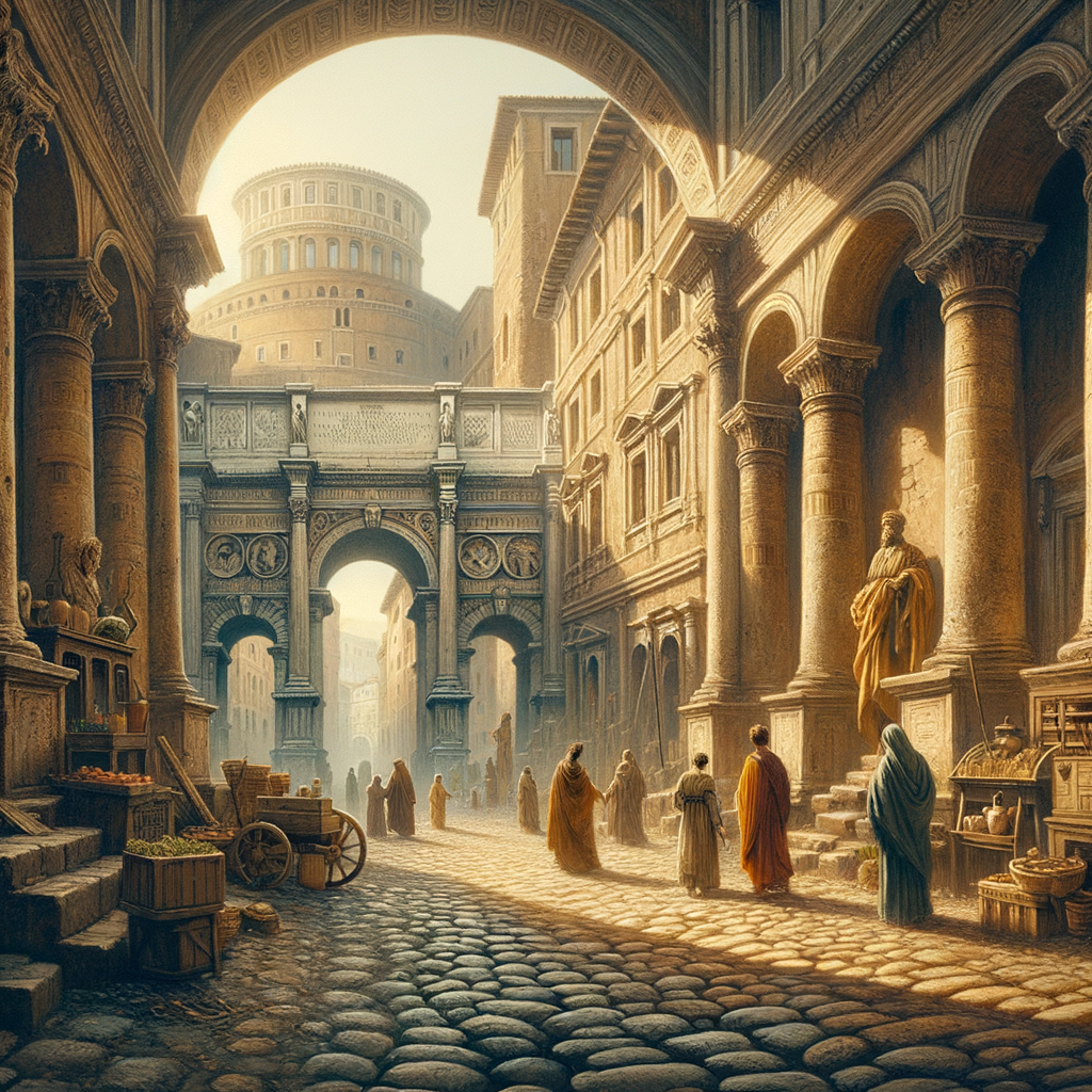 A picturesque cobblestone street in Rome with ancient arches and historical buildings, blending ancient history with modern life, in a cinematic style.