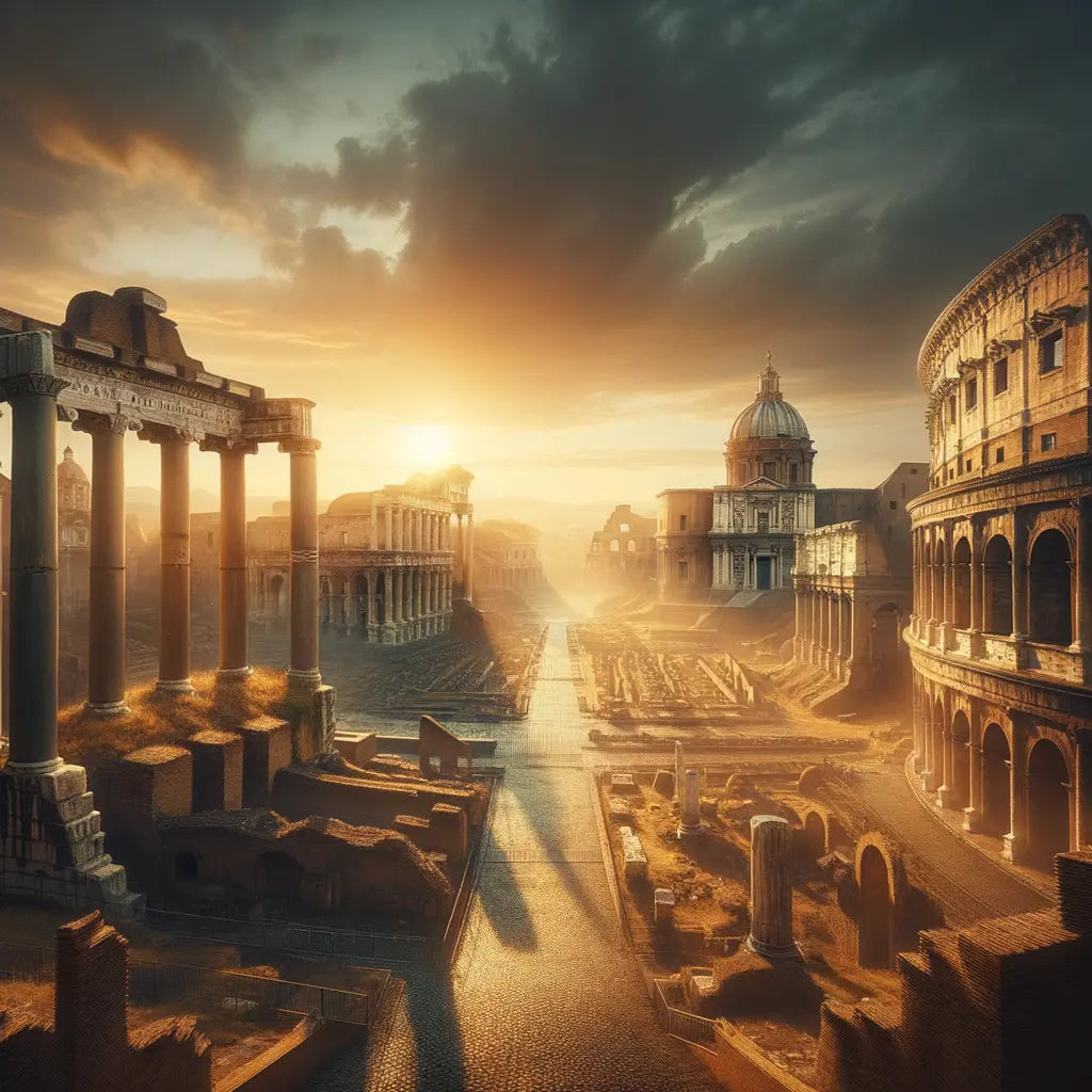 Panoramic view of ancient Roman ruins including the Colosseum and grand arches at sunset, styled like classic 1960s historical films.