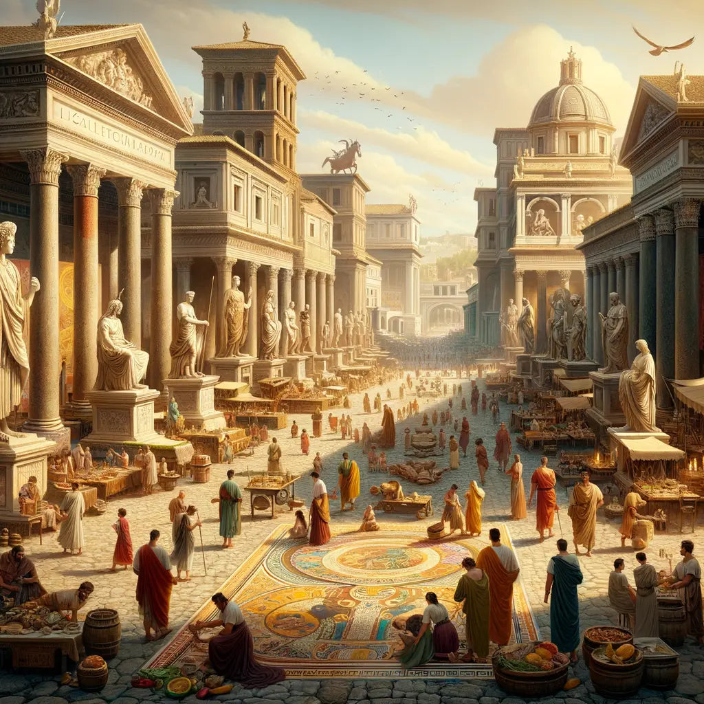 Bustling streets of ancient Rome with statues, mosaics, and frescoes around a lively forum, styled like a 1960s historical epic.