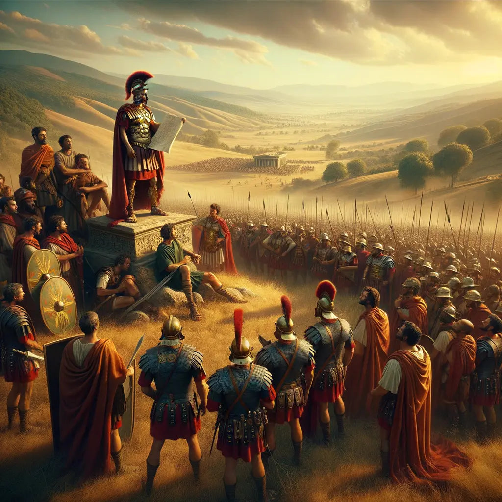 Julius Caesar, on a hill, strategizing with Roman soldiers on a sunlit battlefield, in the style of 1960s epic films.