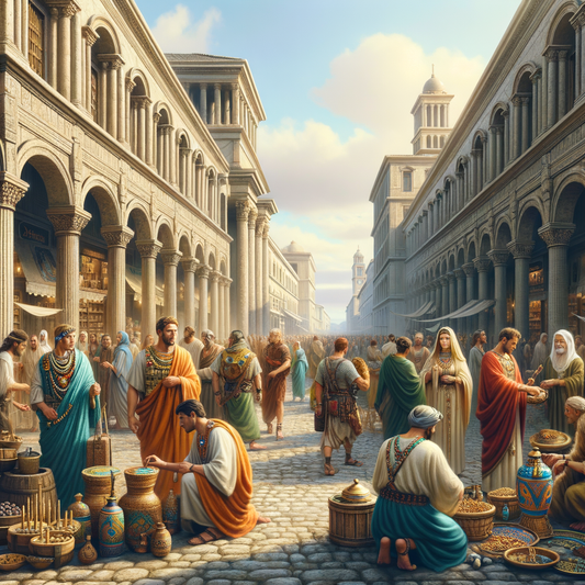 Ancient Roman street bustling with people in vibrant Roman-Celtic jewelry, showcasing cultural fusion in a style inspired by 1960s historical films.