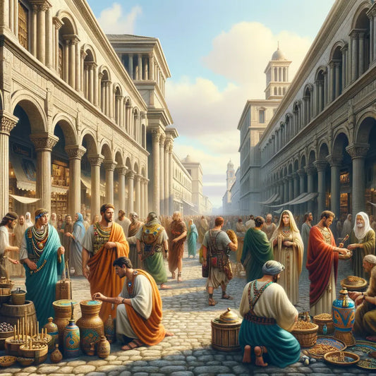 Ancient Roman street bustling with people in vibrant Roman-Celtic jewelry, showcasing cultural fusion in a style inspired by 1960s historical films.