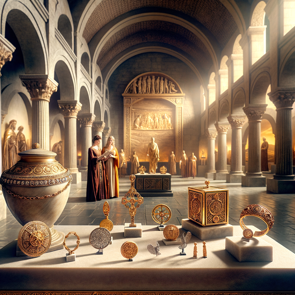 A painting of Roman and Celtic jewelry with intricate designs, displayed in an elegant Roman setting, blending cultural motifs.