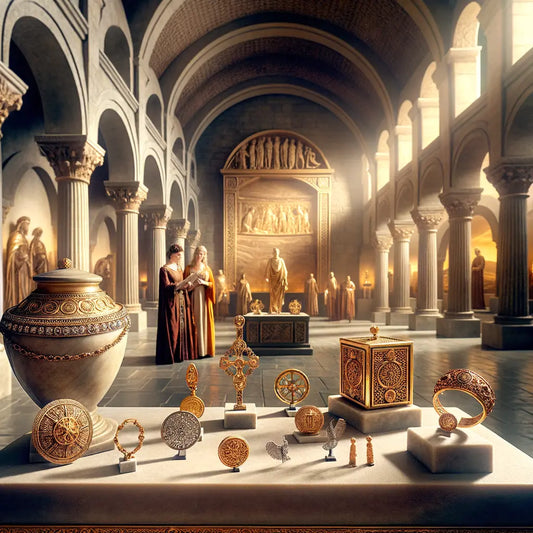 A painting of Roman and Celtic jewelry with intricate designs, displayed in an elegant Roman setting, blending cultural motifs.