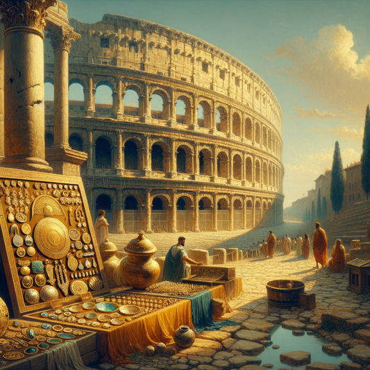 The Colosseum with detailed Roman jewelry artifacts in the foreground, bathed in warm daylight, inspired by Roman architecture.