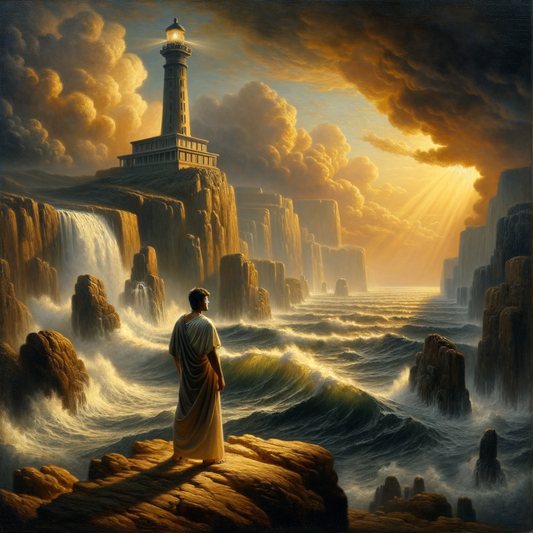 Dramatic scene with a Roman-era lighthouse illuminating stormy seas, symbolizing Epictetus' guidance through life's challenges, painted in a classic historical film style.