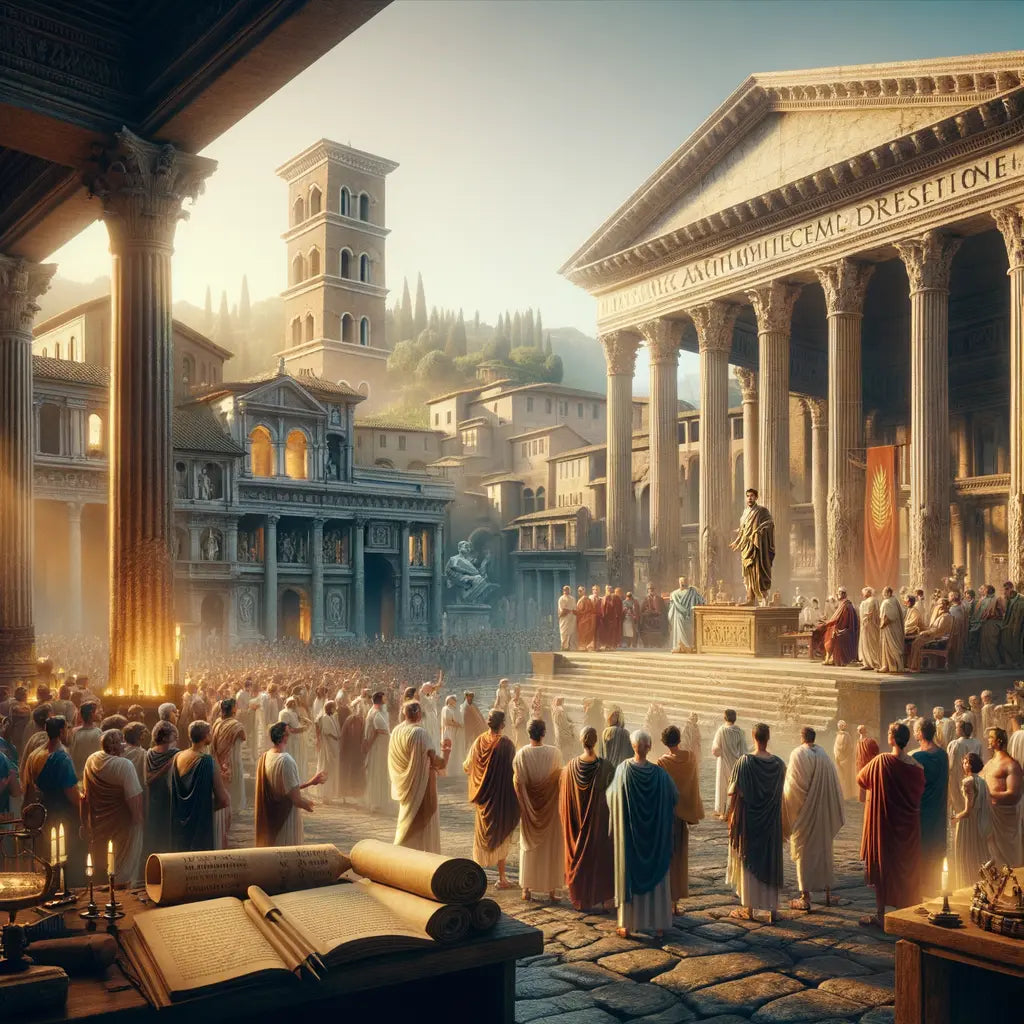 Bustling Roman Forum scene with Julius Caesar addressing a crowd, showcasing ancient Rome's architectural and governance brilliance in a style inspired by 1960s historical epics.