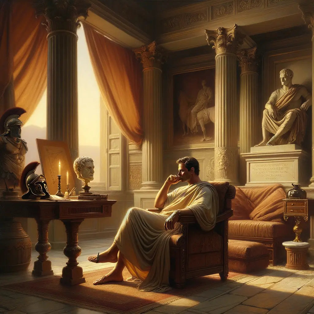 Marcus Aurelius rests calmly in his Roman quarters, exuding peace and dignity, in a cinematic style reminiscent of 1960s historical films.