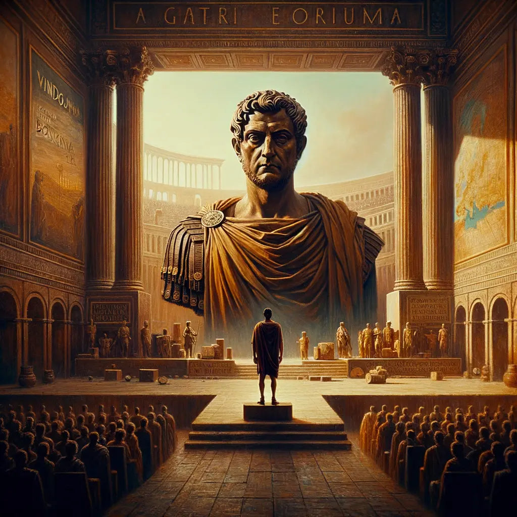 Emperor Marcus Aurelius with a contemplative expression, set against maps of Vindobona and Bononia, and symbols of the Antonine Plague in a Roman forum, in the style of 1960s historical films.