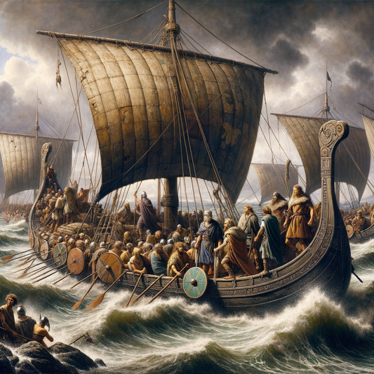 Germanic tribes crossing the sea in wooden ships amidst a stormy sky, merging cultural influences, inspired by classic historical films.