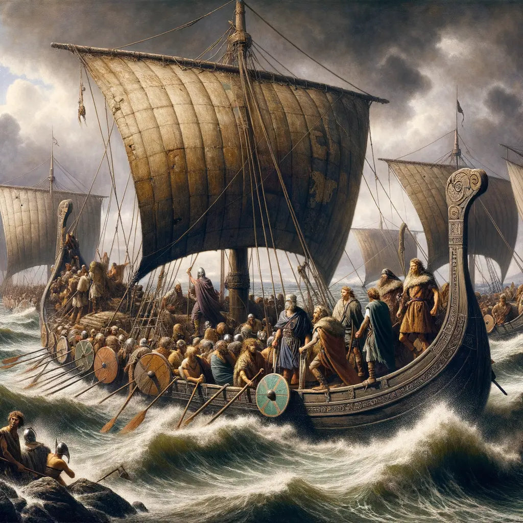 Germanic tribes crossing the sea in wooden ships amidst a stormy sky, merging cultural influences, inspired by classic historical films.