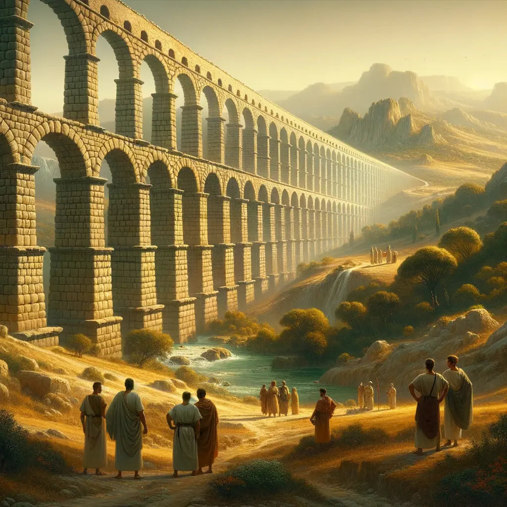 Expansive view of Roman aqueducts with grand arches and a landscape backdrop, inspired by 1960s historical epics.