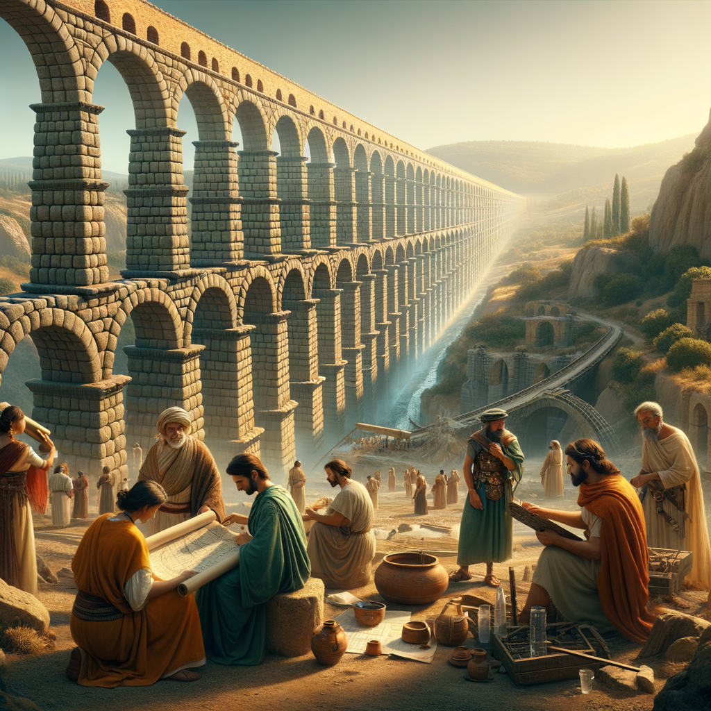Roman engineers inspecting aqueducts with lead-lined siphons in a hilly landscape, painted in a classic 1960s historical film style.