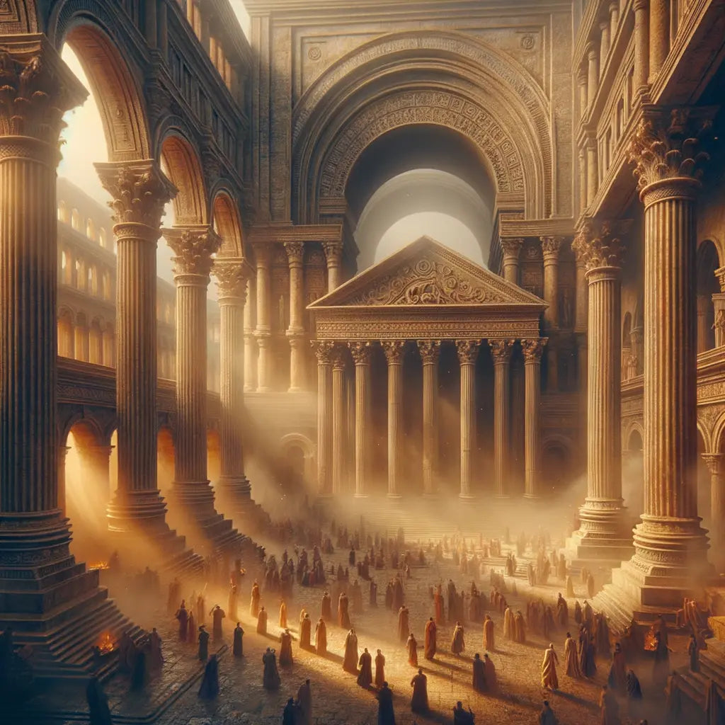 A cinematic painting showcasing the blend of Roman arches and Greek columns in an ancient urban square, highlighting the architectural harmony between the two styles, inspired by 1960s historical films.