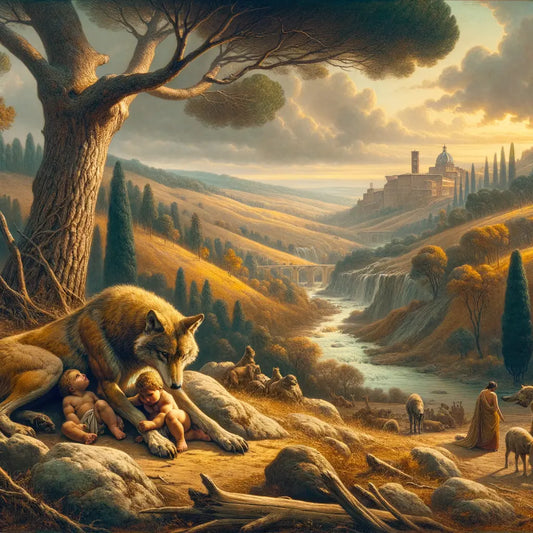 Romulus and Remus nurtured by a she-wolf near the Tiber River in a 1960s epic painting style, emblematic of Rome's founding myth.