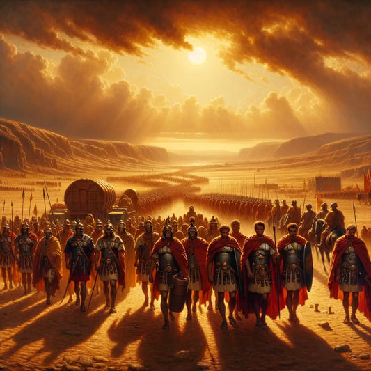 Roman soldiers marching with leather bags and wooden barrels under a scorching sun, illustrating historical military ingenuity.