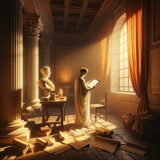 A scholar in a toga reads a digital tablet in a Roman-inspired study, surrounded by scrolls and a bust of Marcus Aurelius, blending ancient wisdom with modern technology, evoking a 1960s epic film style.