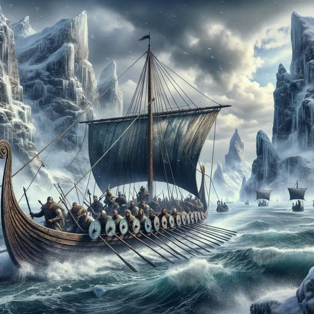 A Viking ship in harsh sea landscape with warriors.