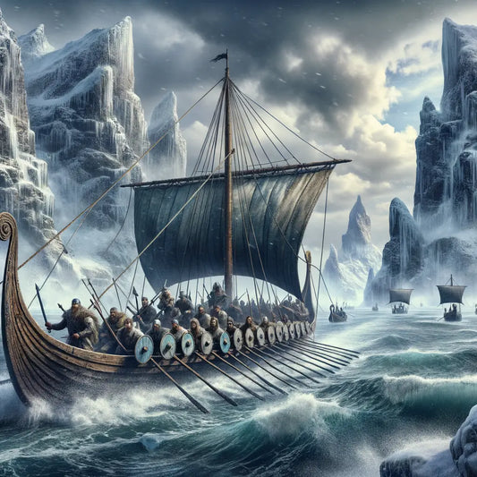 A Viking ship in harsh sea landscape with warriors.