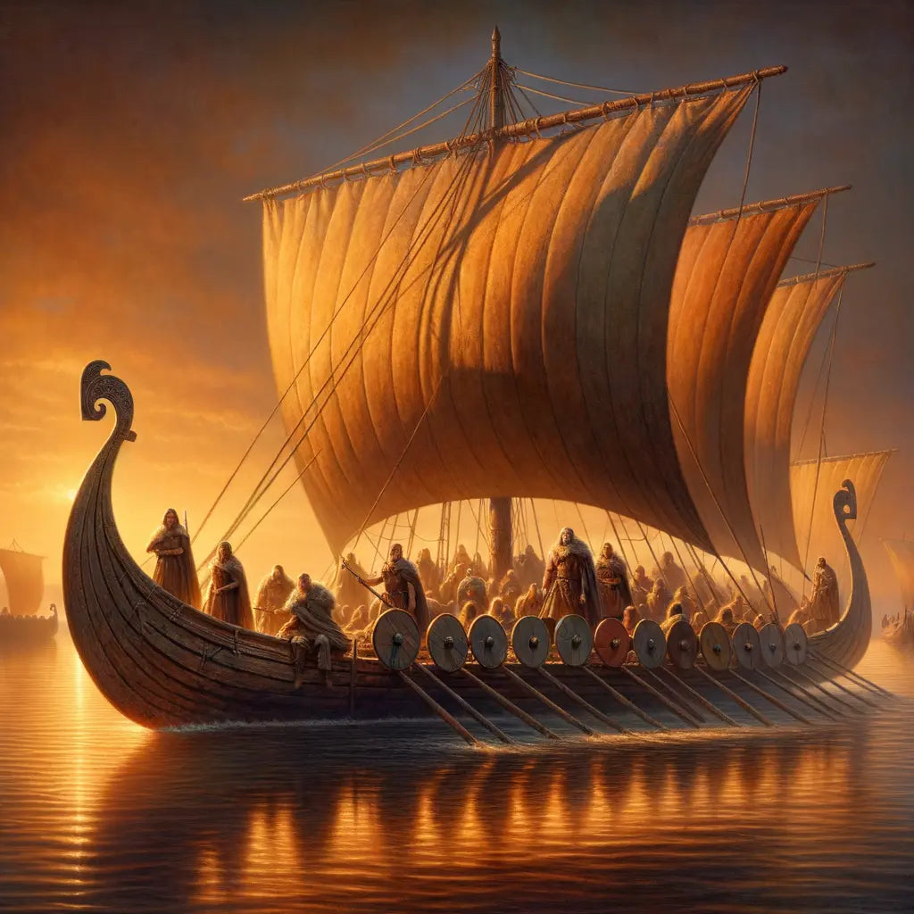 Viking longship with sails down, floating in evening light, as Vikings set up shelters on deck, painted in a 1960s historical film style.
