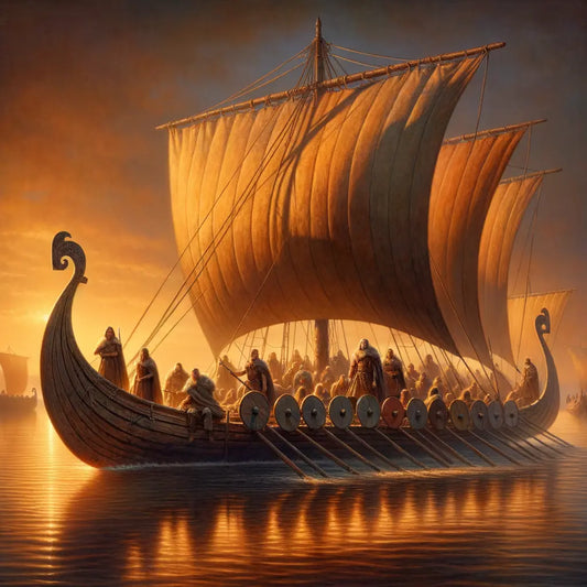 Viking longship with sails down, floating in evening light, as Vikings set up shelters on deck, painted in a 1960s historical film style.