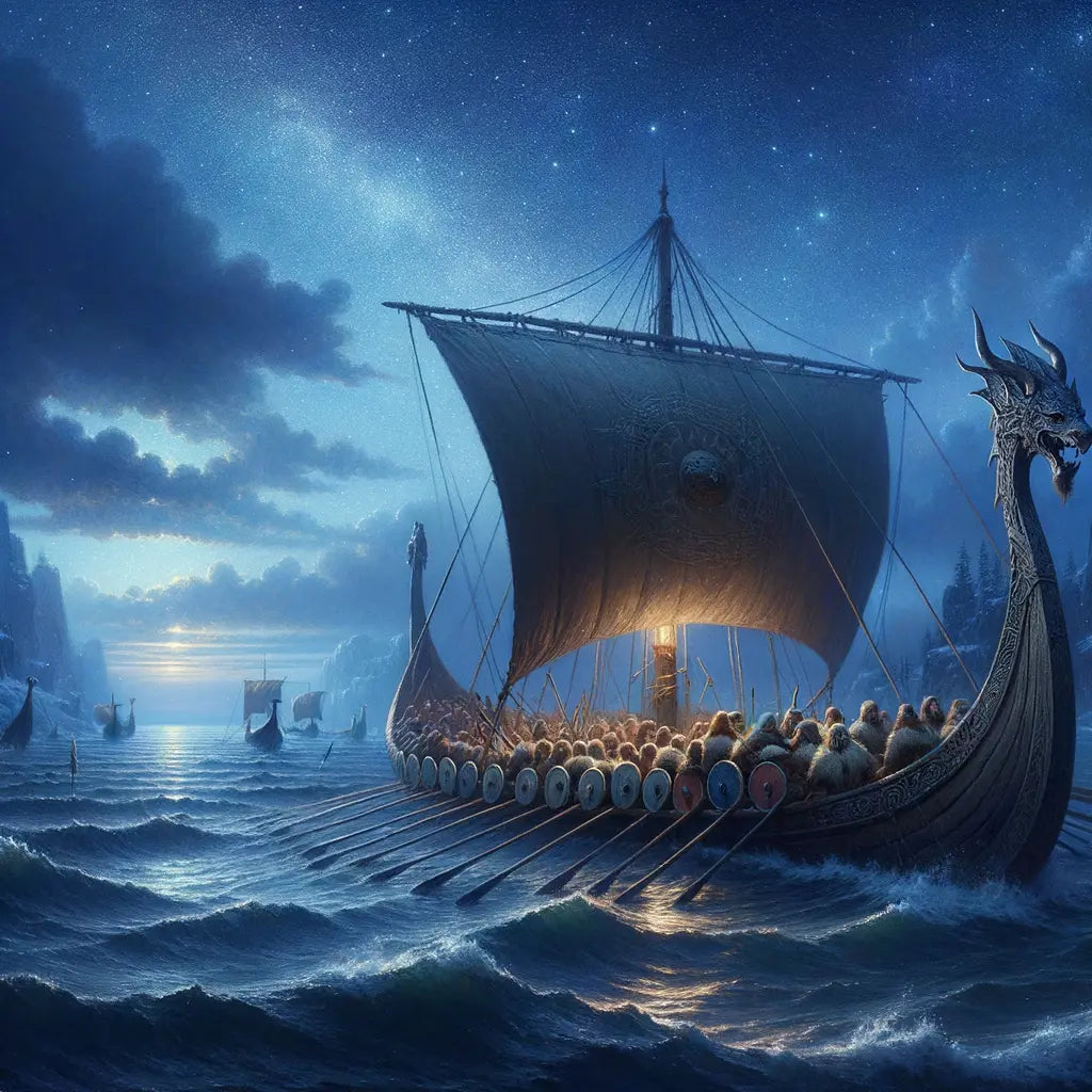 A Norse longship under a starry night sky, with Vikings sleeping among sea chests and tools aboard.