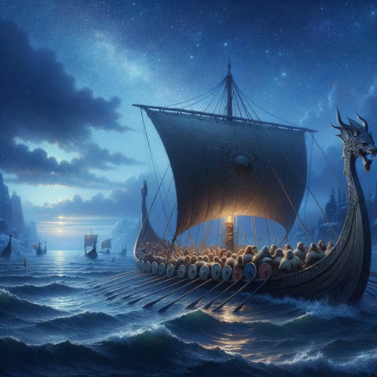 A Norse longship under a starry night sky, with Vikings sleeping among sea chests and tools aboard.