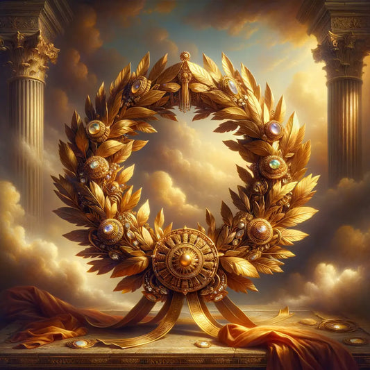 An opulent Roman laurel wreath crafted from gold and gemstones, reflecting the luxurious jewelry design of the Roman Empire, inspired by classic historical film aesthetics.