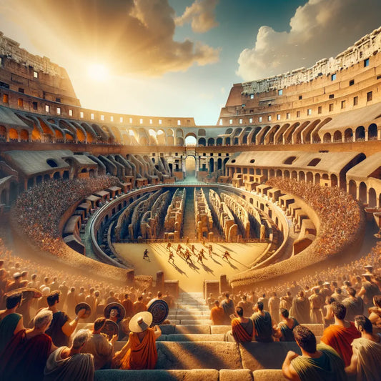 The Colosseum in ancient Rome, sunlit and majestic, packed with cheering spectators watching a gladiator fight, styled after 1960s historical epics.