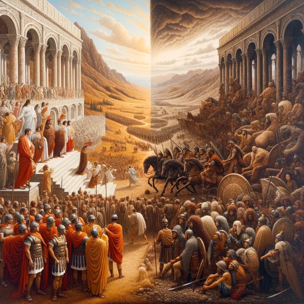 Cinematic depiction of Roman and Mongol Empires in decline, symbolizing gradual political decay and sudden collapse, respectively, in a classic 1960s historical film style.