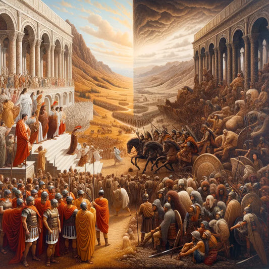 Cinematic depiction of Roman and Mongol Empires in decline, symbolizing gradual political decay and sudden collapse, respectively, in a classic 1960s historical film style.