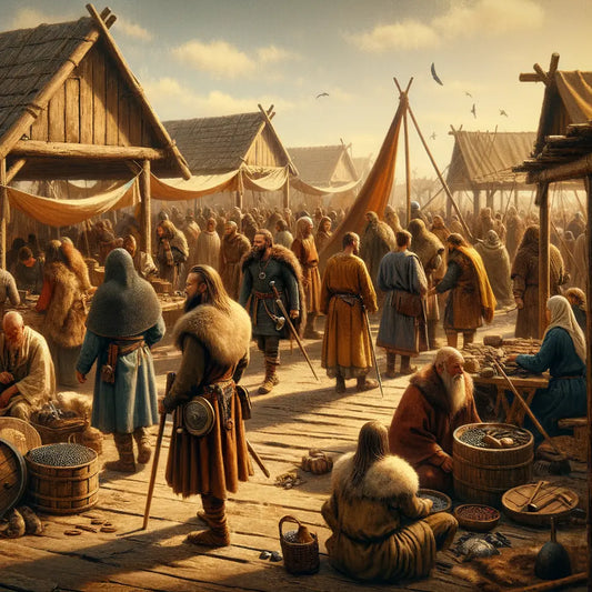 Viking and Germanic tribes engaged in a lively market exchange, captured in a 1960s historical epic style painting.