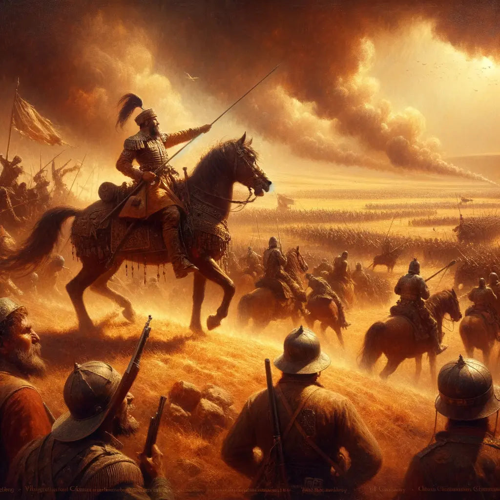 The Battle of Yarmouk, with Khalid ibn al-Walid leading Muslim forces against the Roman army amid swirling dust and sunlit plains, in a cinematic style reflecting 1960s historical epics.