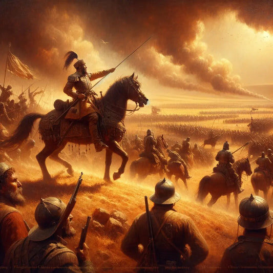 The Battle of Yarmouk, with Khalid ibn al-Walid leading Muslim forces against the Roman army amid swirling dust and sunlit plains, in a cinematic style reflecting 1960s historical epics.